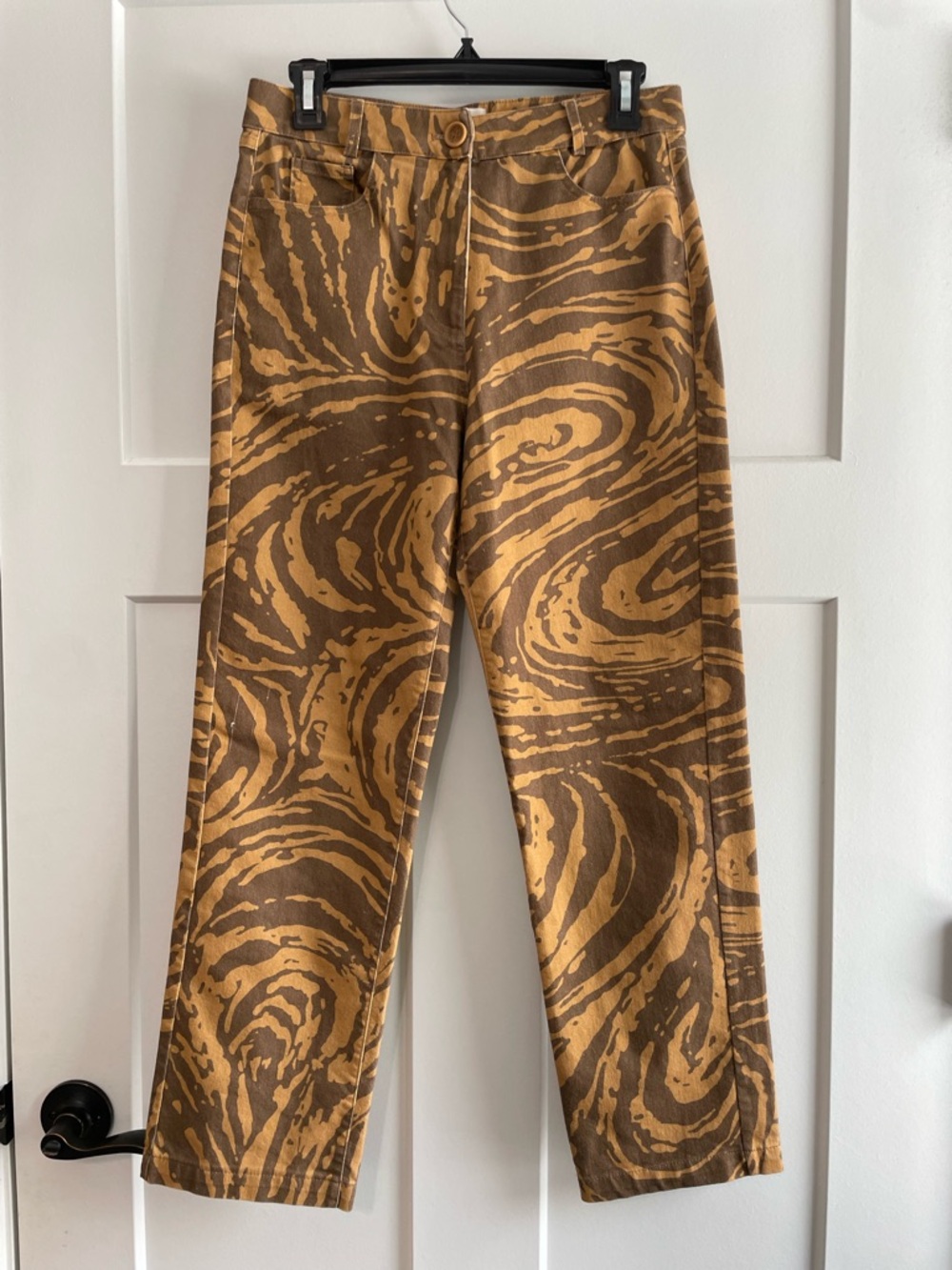 Vatka Vatka Organic Cotton Abstract Print Pants Brown Tan High Rise Straight Leg - Picture 3 of 11